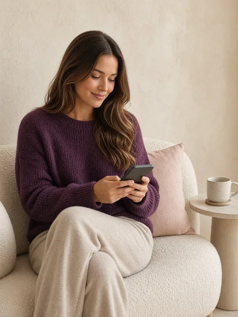 A woman on a sofa starting her intake on her phone